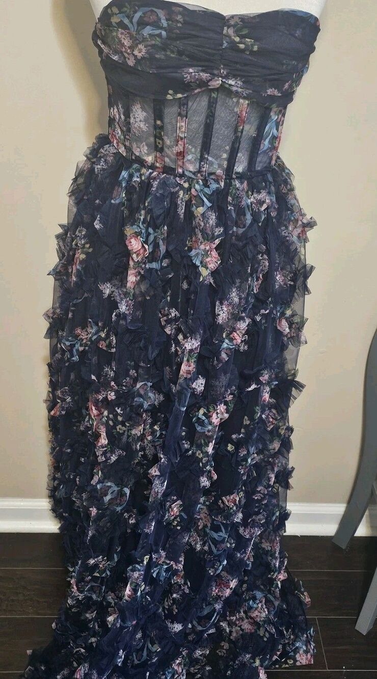 LULUS Stunning Element Navy Floral Mesh Ruffled Strapless Maxi Dress Size Small - Picture 8 of 13